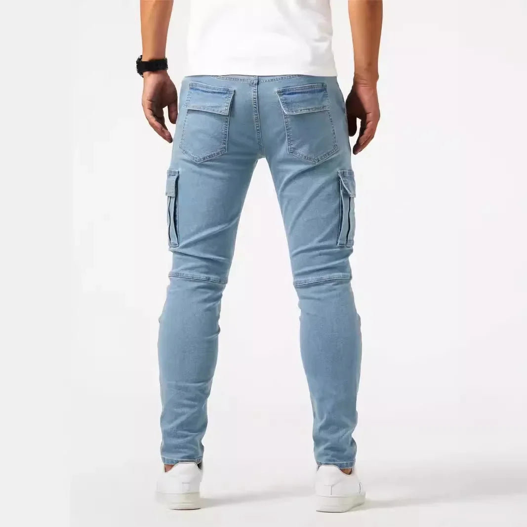 Men Fashion Casual Pencil Elasticity Jeans Male Multi Pocket Small Slim High Street Denim Pants Wash Solid Dark Blue Trousers