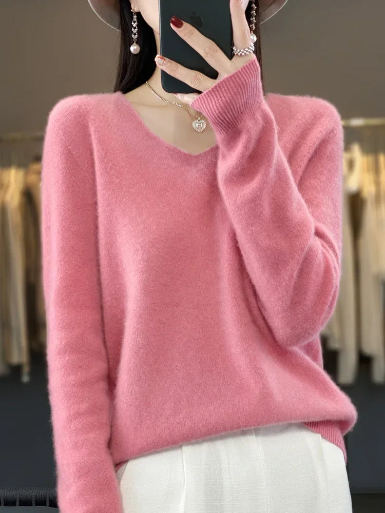 Fashion100% Merino Wool Sweater Cashmere  Pullover Women Knitwear V-Neck Long Sleeve  Autumn Winter Fashion Basic Clothing  Tops