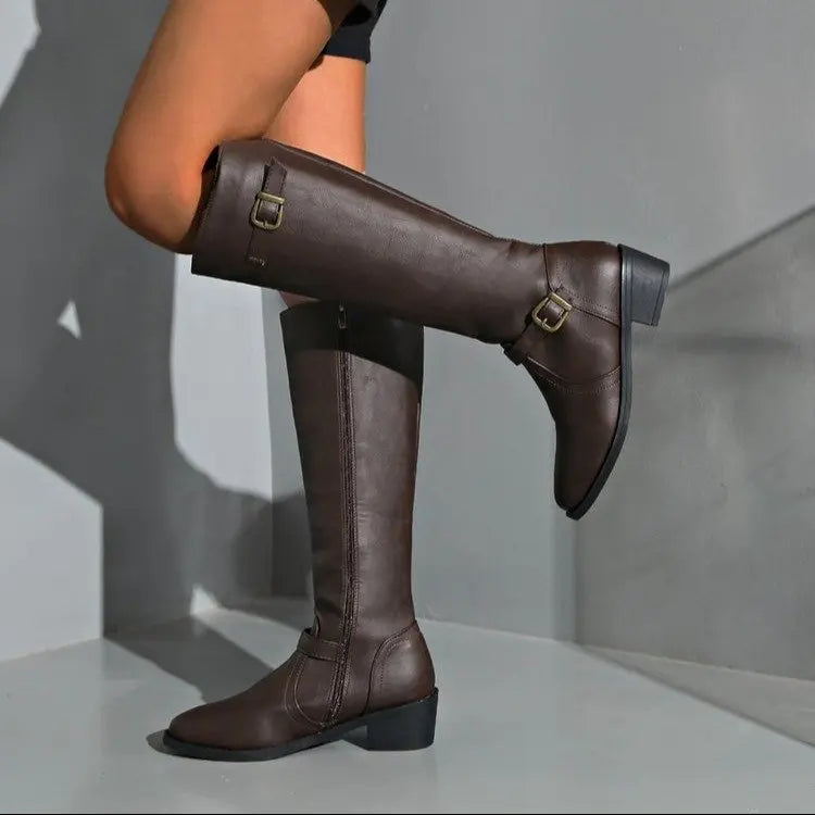 Women Knee High Boots Platform Long Boots Low Heels Round Toe Shoes New Zip Black High Boot Vintage Pu Leather Women Boots 2025