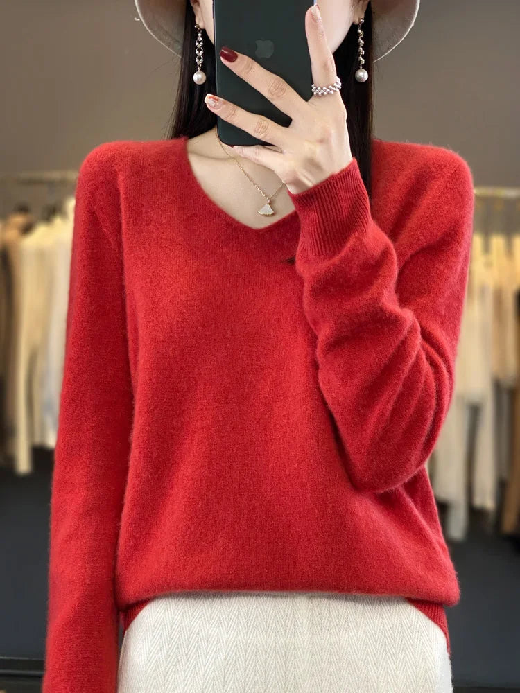 Fashion100% Merino Wool Sweater Cashmere  Pullover Women Knitwear V-Neck Long Sleeve  Autumn Winter Fashion Basic Clothing  Tops
