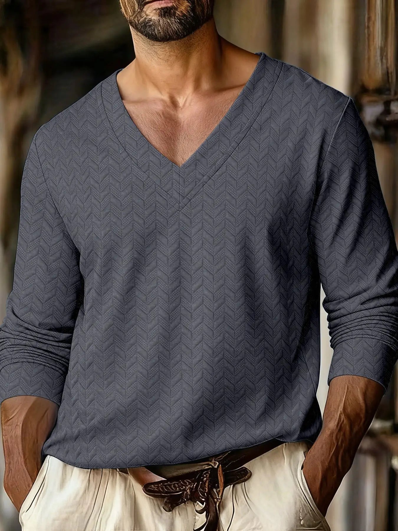 Autumn New Men's Plaid Pattern Jacquard Fabric V-neck Casual Sports Off-shoulder Sleeve Long-sleeved T-shirt