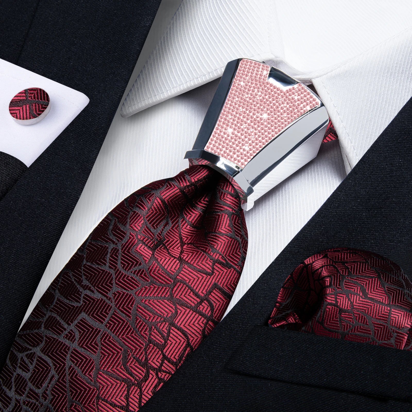 Pink Solid Paisley 8cm Silk Ties for Men with Luxury Plastic Tie Buckle Handkerchief Cufflinks Business Wedding Party Accessory