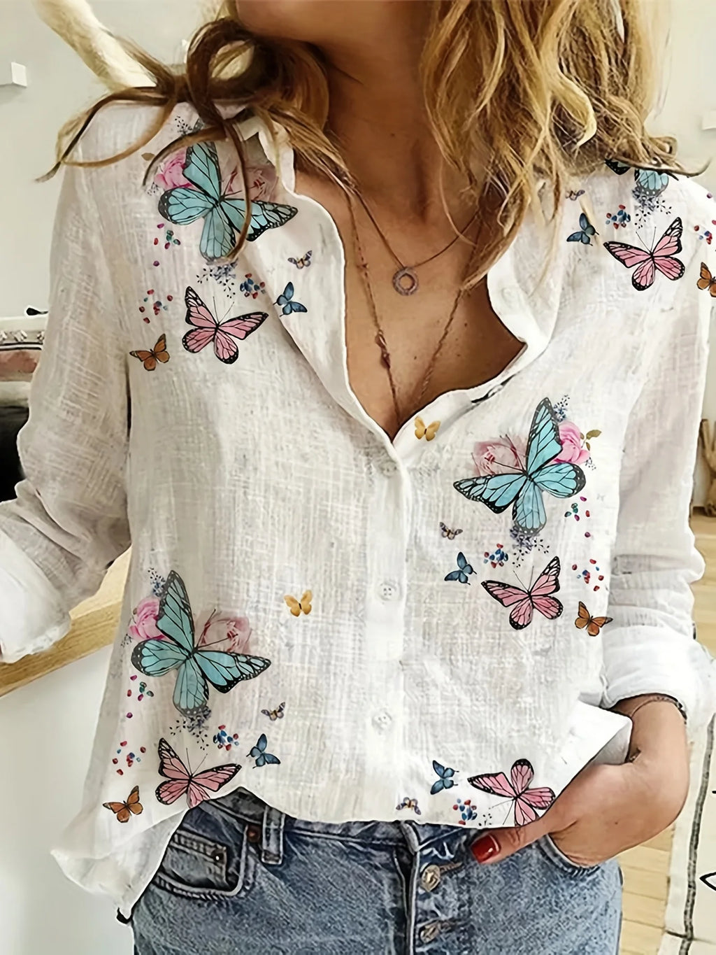 Simple Long-Sleeved Womens Shirts Fall Polo Collar Button Down Shirt Elegant Butterfly Dandelion Oversized Loose Blouse Clothing