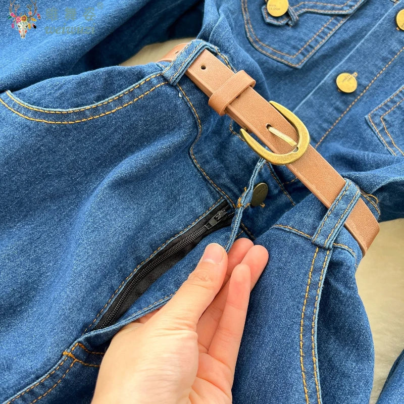 Elegant Women's Denim Dress Soft Autumn High-quality Split Design Fashion Long Sleeve Jeans Dresses with Belt Causal Streetwear