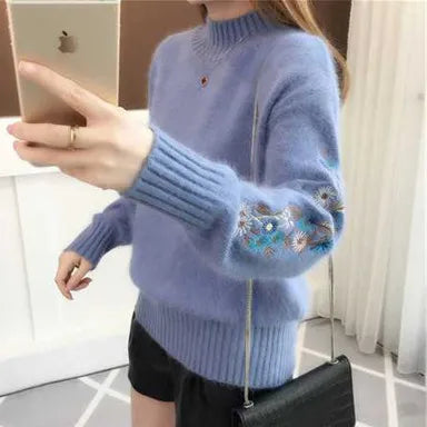 Women's Autumn Winter Embroidered Sleeves with Long Sleeves Knit Pullover Women Clothing Vintage Half High Collar Loose Sweaters