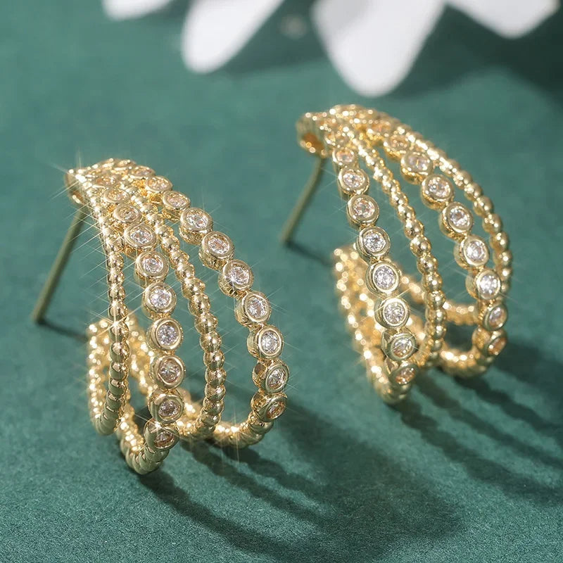 Fashion Classic Synthetic Zirconia Design Women Multilayer Hoop Earrings Golden Plated Banquet Wedding Jewelry Accessories Gifts