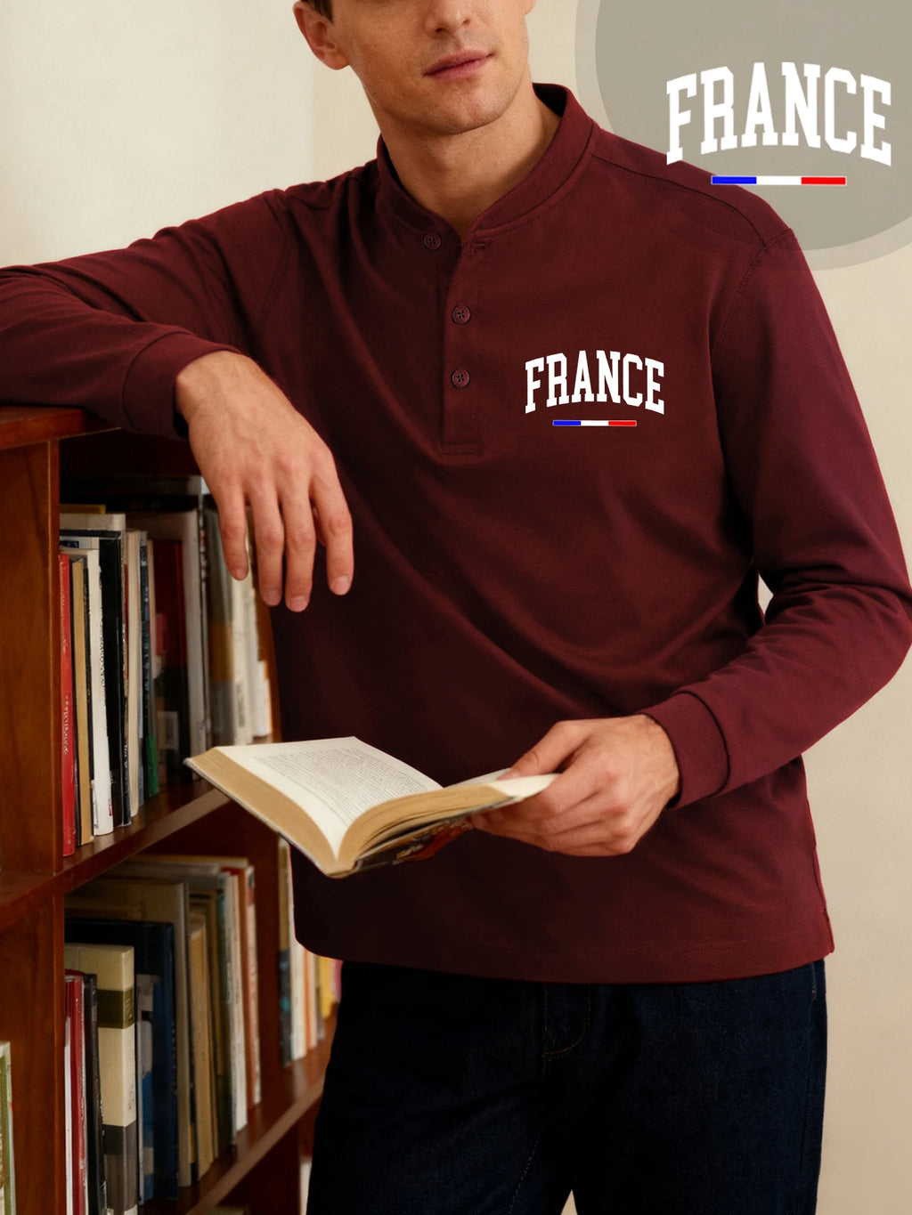 France Letter Creativity Prints Henley Shirts Men Henery Neck Basic Clothing Street Classic T Shirt Casual Bottoming Long Sleeve