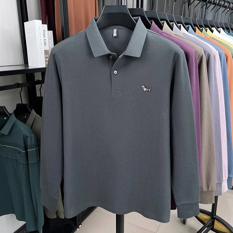 100%pure cotton autumn winter men's embroidered long sleeved business casual comfortable breathable polo shirt high-end designer