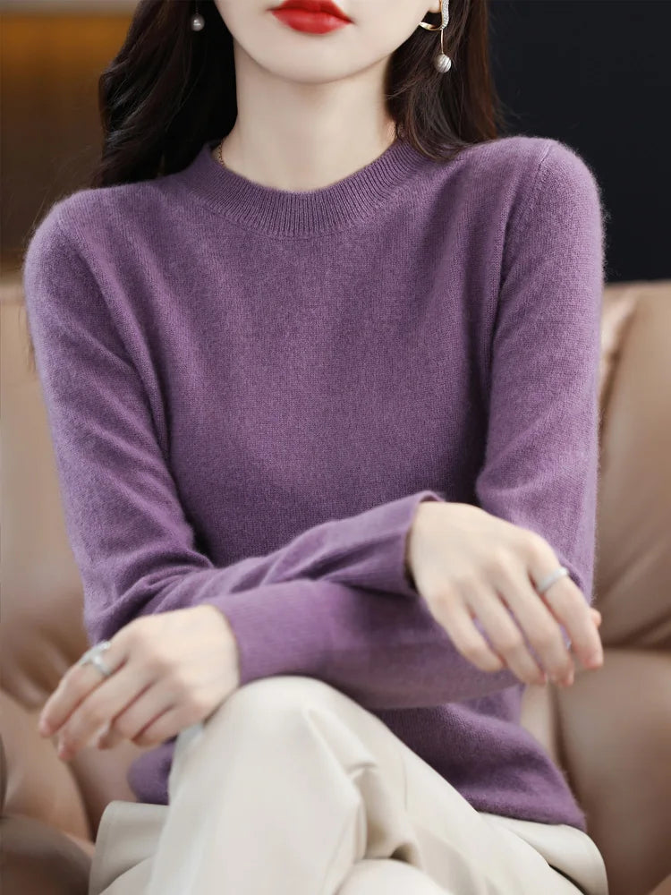 Fashion 100% Merino Wool Sweater Elegant Cashmere Pullover Women O-Neck Long Sleeve Knitwear Basic Clothing  Jumper Tops