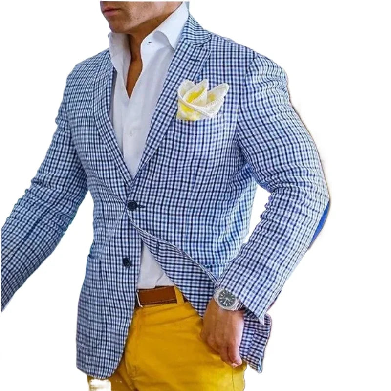 Casual Blue Checked Men Suit Slim Fit High Quality Tuxedo Elegant Custom Male Blazer 2 Piece Jacket Yellow Pants Terno Masculino