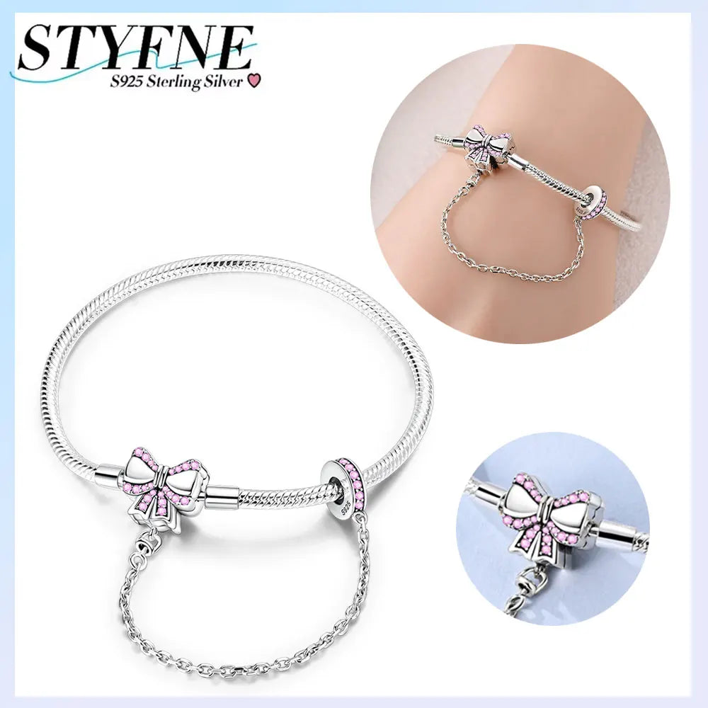 Original Charms 925 Sterling Silver Pink Butterfly Locking Chain Beads Fit Bracelet Women Jewelry Making Diy Fine Gift Accessory