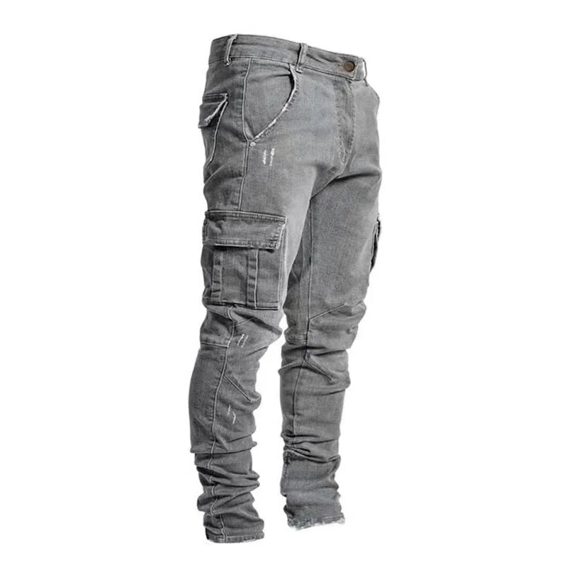 Men Fashion Casual Pencil Elasticity Jeans Male Multi Pocket Small Slim High Street Denim Pants Wash Solid Dark Blue Trousers