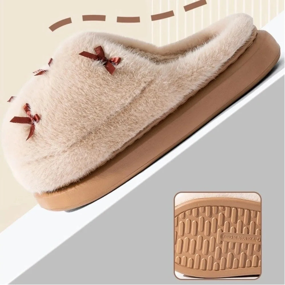 Fashion Bow knot House Slippers Warm Fleece with Lining Women's Indoor Shoes Non-slip Thickened Indoor Fluffy Slippers Winter