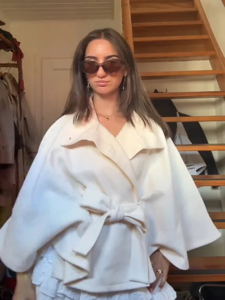 Womens Short Cape Coats For Women Belt Faux Wool Blends Coats Autumn Winter Solid Coats Elegant Cloak Jacket Ladies 2025