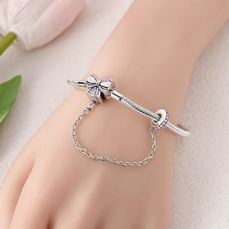 Original Charms 925 Sterling Silver Pink Butterfly Locking Chain Beads Fit Bracelet Women Jewelry Making Diy Fine Gift Accessory