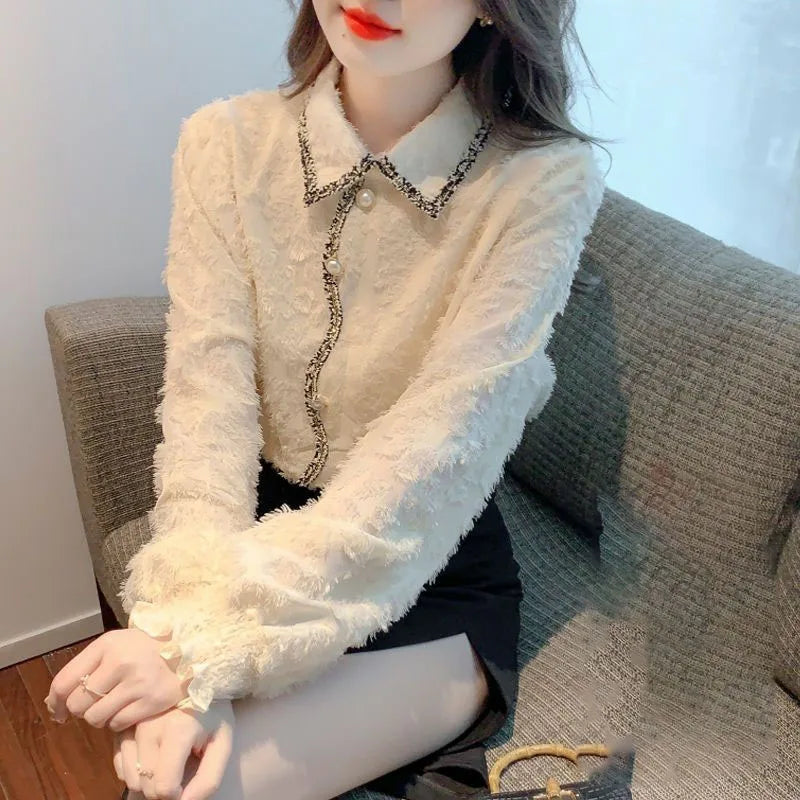 Elegant Fashion Female Solid Color Button Shirt Autumn Winter Korean Thick All-match Turn-down Collar Blouse Women's Clothing