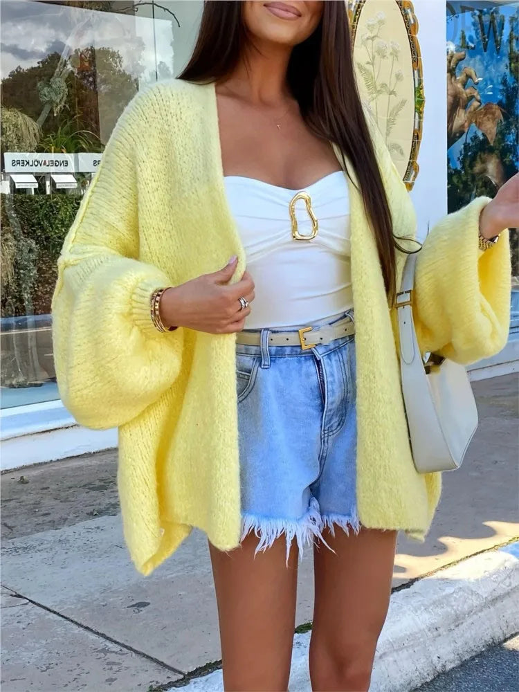 Fashion Solid Sweater Coat For Women Casual Long Sleeve V Neck Loose Sweaters Tops Lady Holiday Streetwear Womens Clothing New