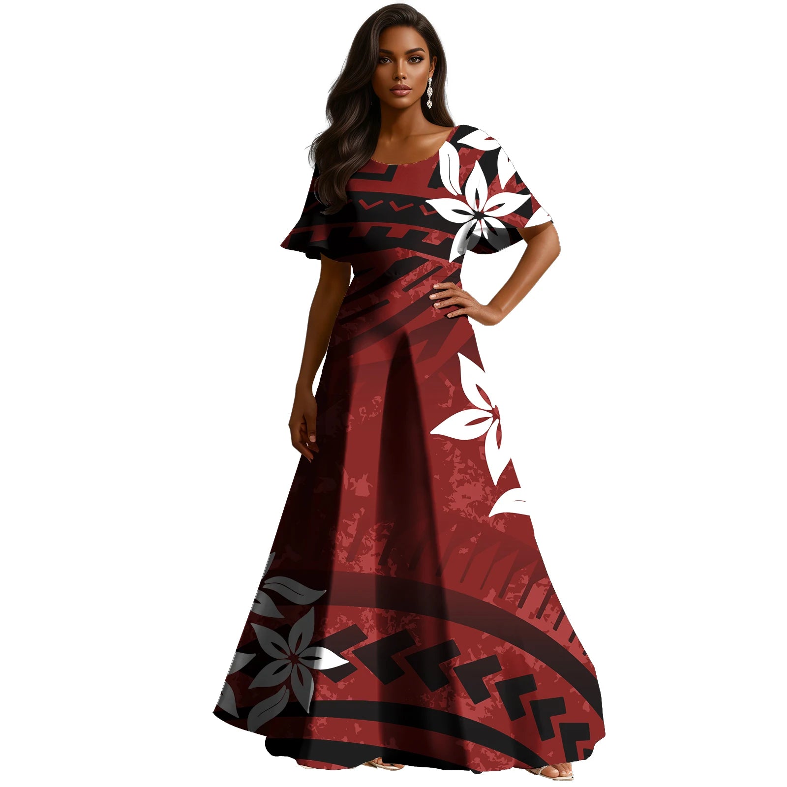 Abito ampio personalizzabile in stile polinesiano con stampa Tapa , a trapezio , lungo fino al pavimento