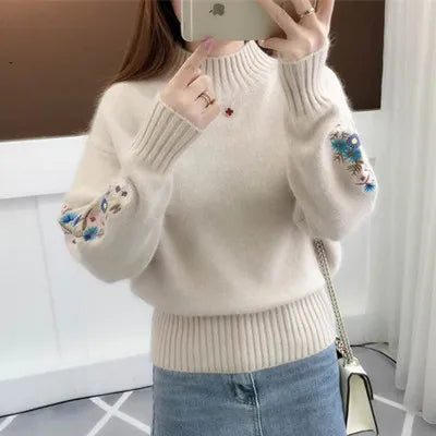 Women's Autumn Winter Embroidered Sleeves with Long Sleeves Knit Pullover Women Clothing Vintage Half High Collar Loose Sweaters