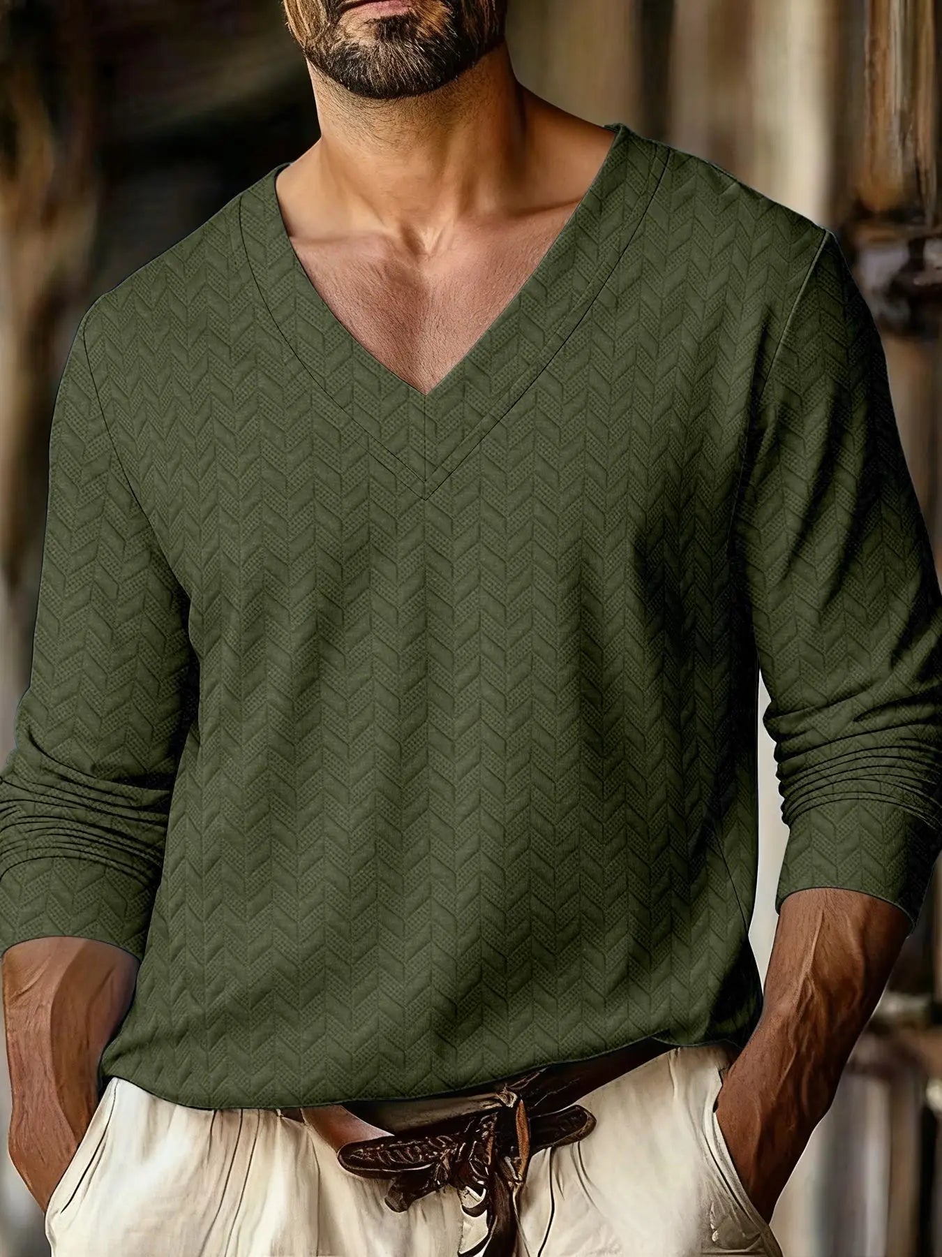Autumn New Men's Plaid Pattern Jacquard Fabric V-neck Casual Sports Off-shoulder Sleeve Long-sleeved T-shirt
