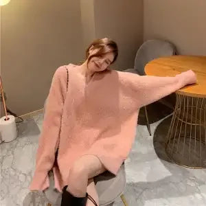 Fluffy Sweater Autumn Winter Women's Clothing Y2k Streetwear Mink V-neck Soft Pullover Jumper Loose Long Sleeve Tops New White