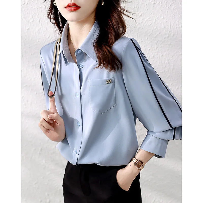 Fashion Lapel Button Spliced Pockets All-match Shirt Women Clothing 2022 Autumn New Loose Casual Tops Office Lady Blouse