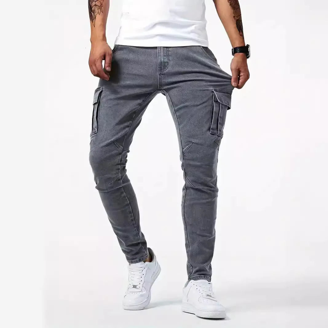 Men Fashion Casual Pencil Elasticity Jeans Male Multi Pocket Small Slim High Street Denim Pants Wash Solid Dark Blue Trousers