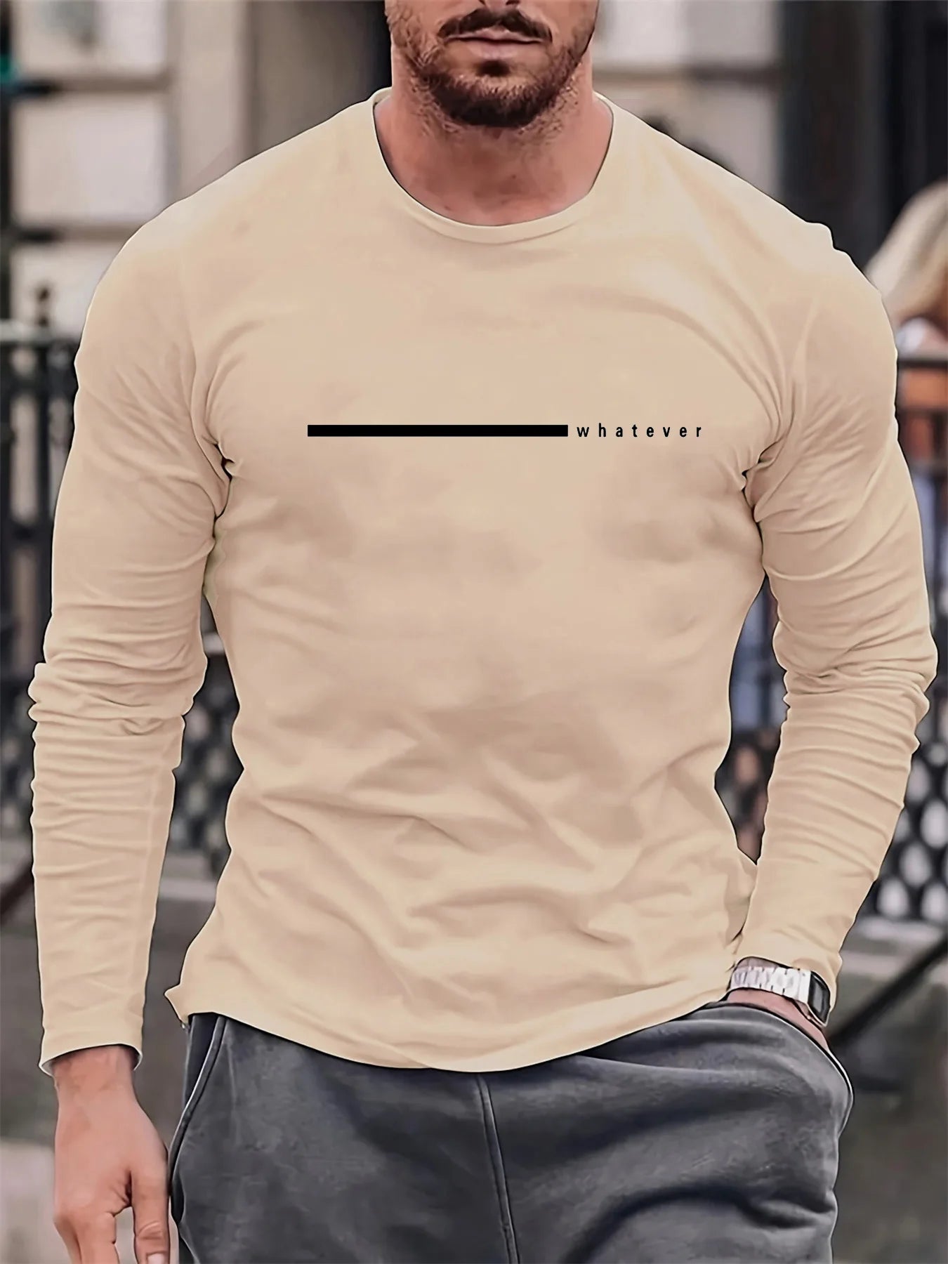 100% pure cotton men's long sleeved round neck loose casual whatever letter printed spring and autumn versatile T-shirt top