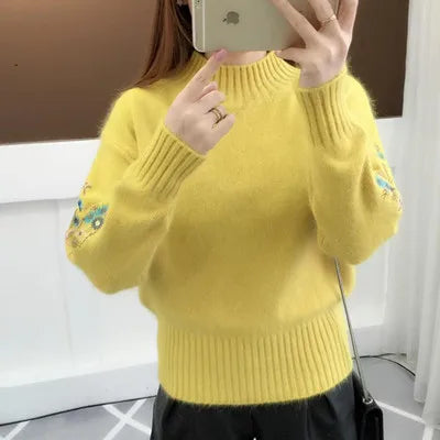 Women's Autumn Winter Embroidered Sleeves with Long Sleeves Knit Pullover Women Clothing Vintage Half High Collar Loose Sweaters