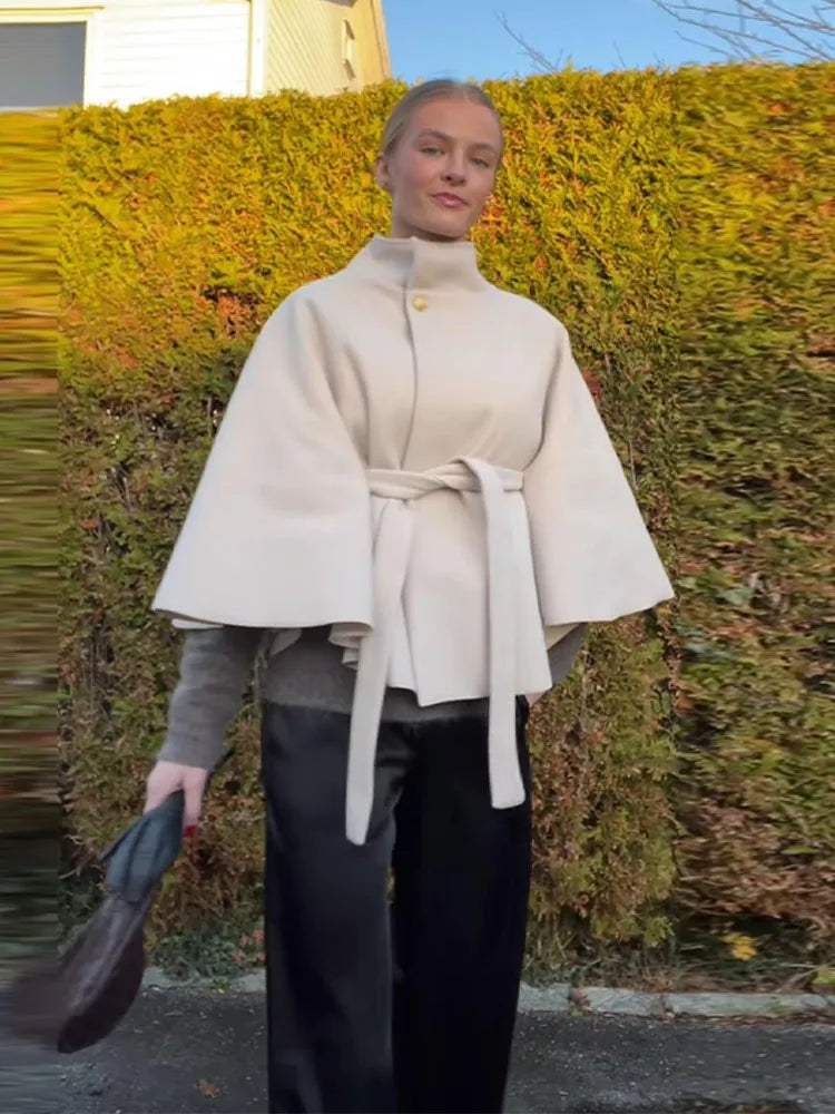 Womens Short Cape Coats For Women Belt Faux Wool Blends Coats Autumn Winter Solid Coats Elegant Cloak Jacket Ladies 2025