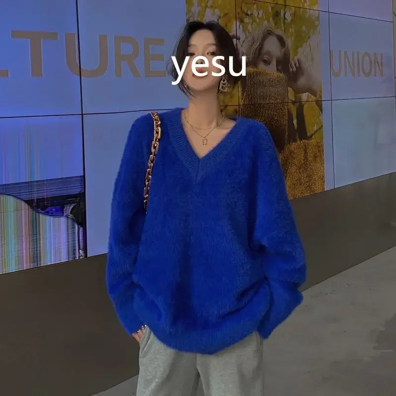 Fluffy Sweater Autumn Winter Women's Clothing Y2k Streetwear Mink V-neck Soft Pullover Jumper Loose Long Sleeve Tops New White