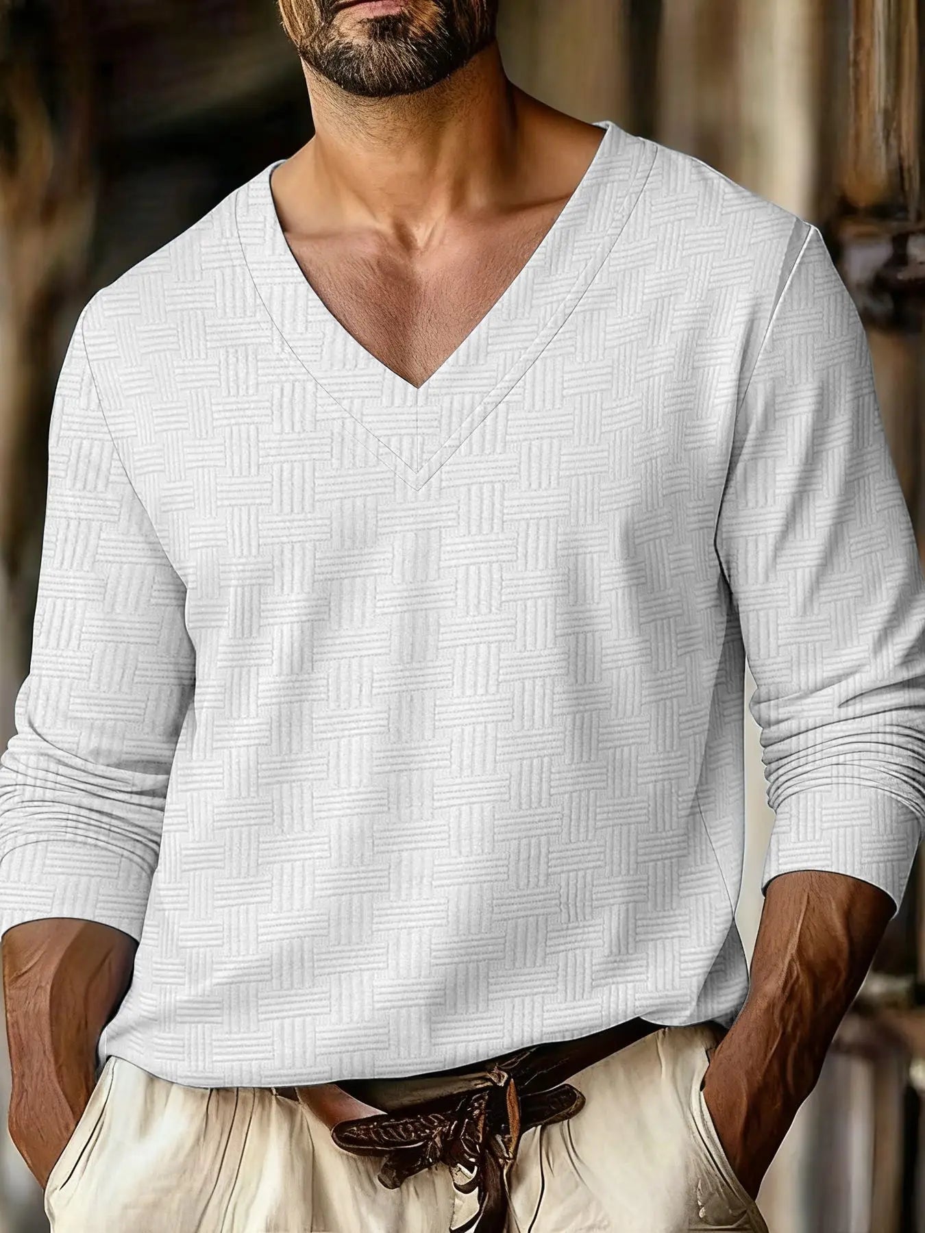 Autumn New Men's Plaid Pattern Jacquard Fabric V-neck Casual Sports Off-shoulder Sleeve Long-sleeved T-shirt