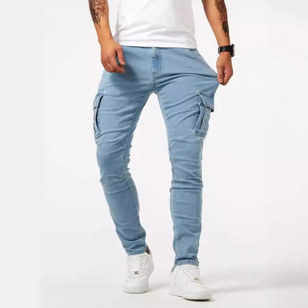 Men Fashion Casual Pencil Elasticity Jeans Male Multi Pocket Small Slim High Street Denim Pants Wash Solid Dark Blue Trousers