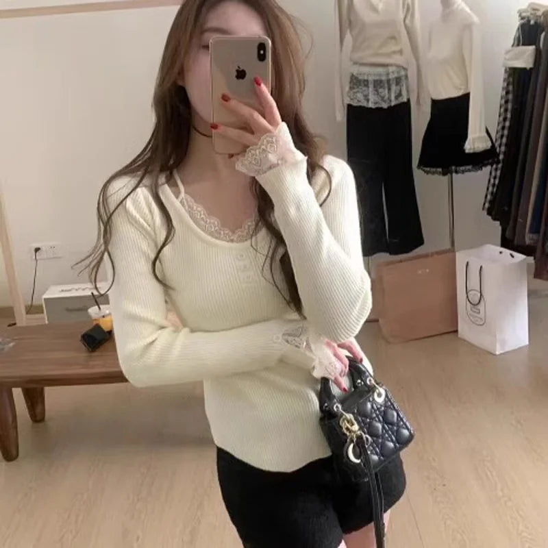 Women Clothing Sweaters O-Neck Black Knitted Sweater Women Pullovers New Long Sleeve Lace Knit Sweater Pullover Women Tops Q1646