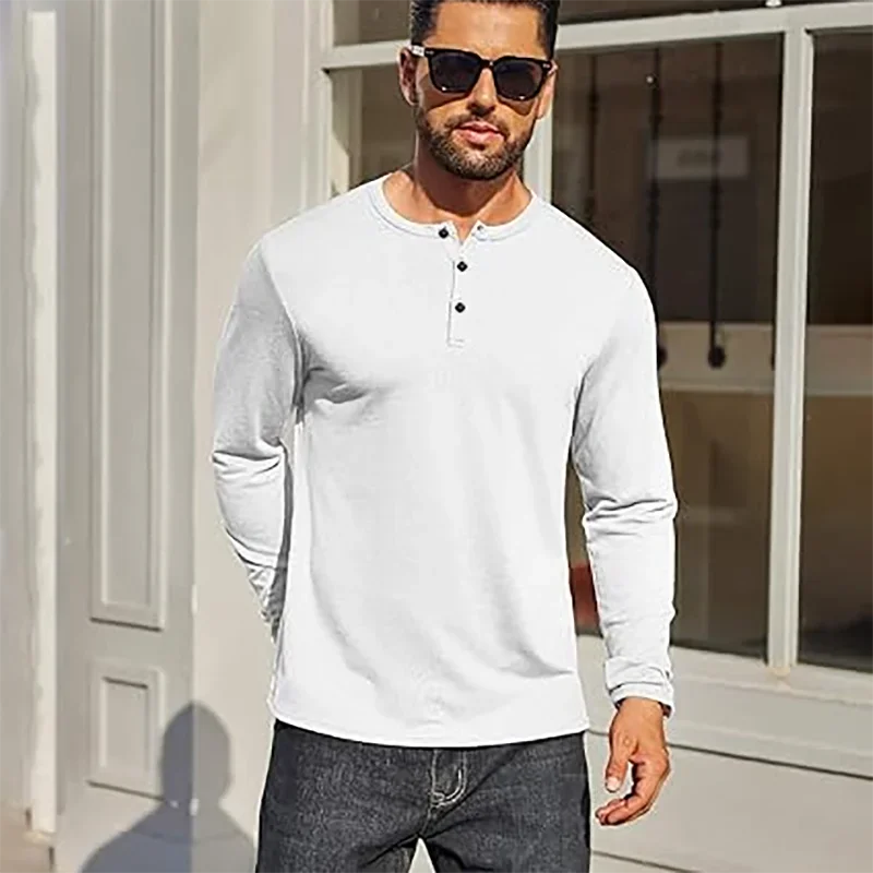 Autumn Men's Long Sleeve Henley Shirts Cotton 3-Button Spring Casual T-Shirts Solid Color Soft Basic Tops Tees