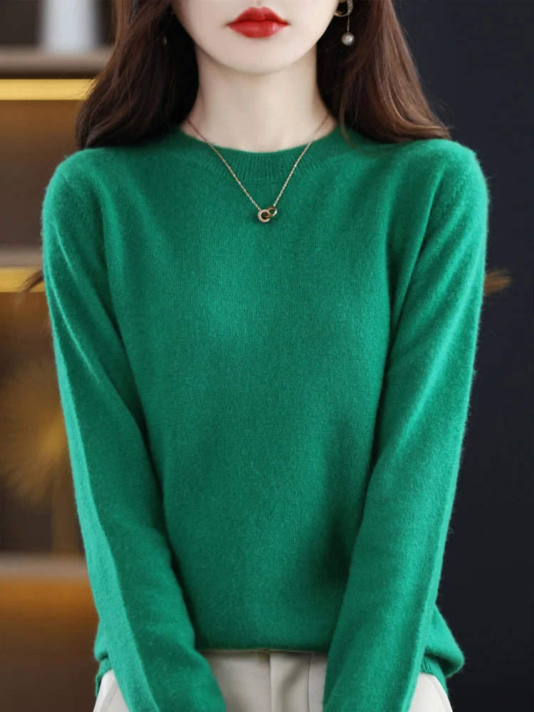 Fashion 100% Merino Wool Sweater Elegant Cashmere Pullover Women O-Neck Long Sleeve Knitwear Basic Clothing  Jumper Tops