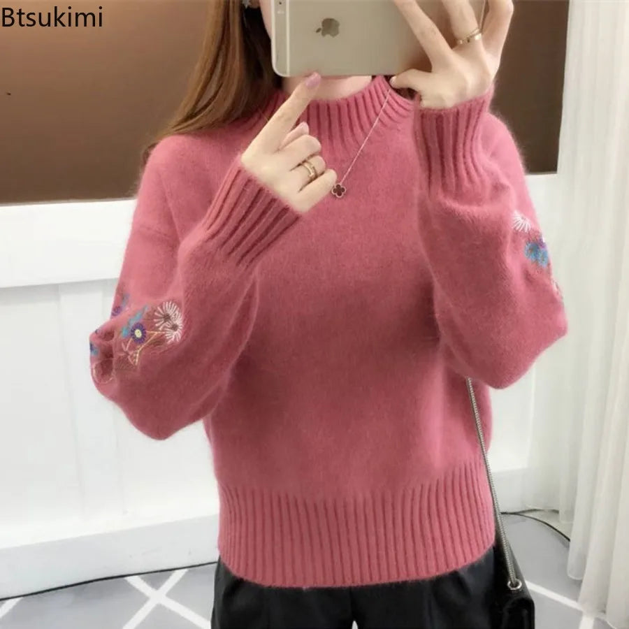 Women's Autumn Winter Embroidered Sleeves with Long Sleeves Knit Pullover Women Clothing Vintage Half High Collar Loose Sweaters