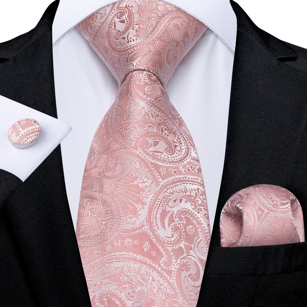 Pink Solid Paisley 8cm Silk Ties for Men with Luxury Plastic Tie Buckle Handkerchief Cufflinks Business Wedding Party Accessory