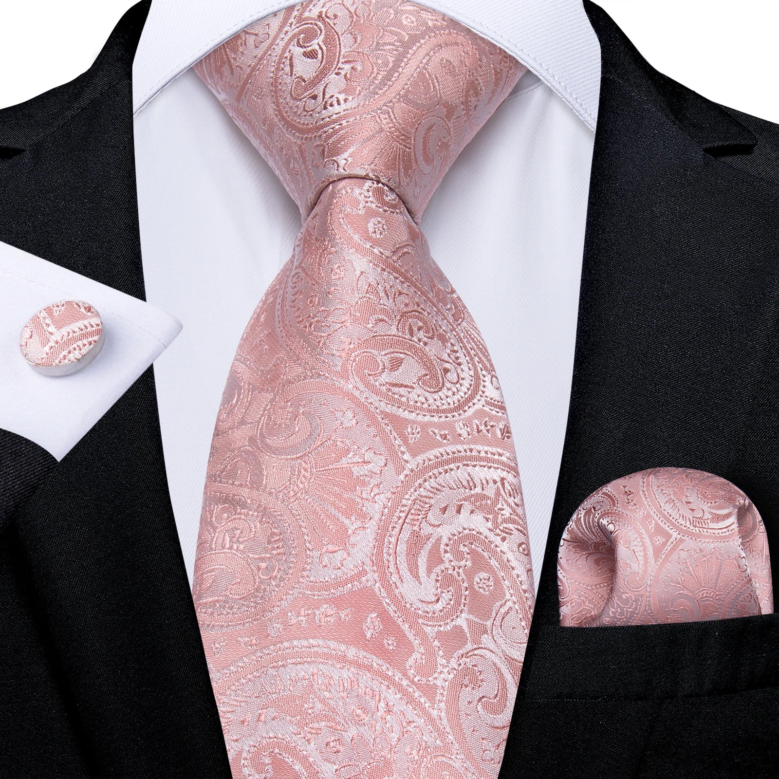 Pink Solid Paisley 8cm Silk Ties for Men with Luxury Plastic Tie Buckle Handkerchief Cufflinks Business Wedding Party Accessory