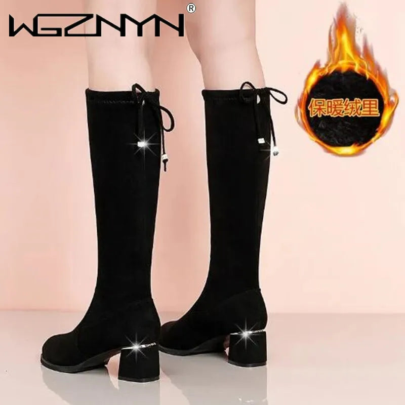 Women Autumn Winter Black Knee Boots 2025 New Comfort Lace Up Chunky High Heels Shoes Fashion Warm Suede Round Toe Botas Mujer
