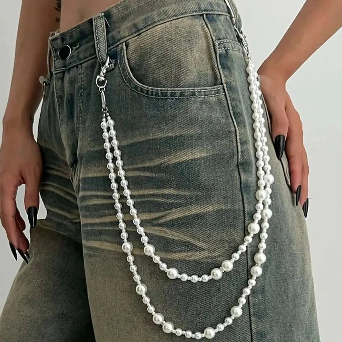 Salircon Hip Hop Multilayer Imitation Pearl Charm Jeans Pants Chain Women Punk Waist Chain Fashion Wallet Chain Belt Jewelry