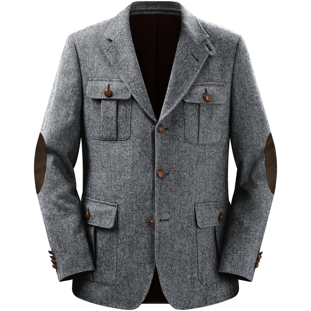 Men's Jackets Multi-pocket Hunting Attire Tweed Double-Breasted  Blazer Herringbone Casual Elegant Retro New Style Man Suit