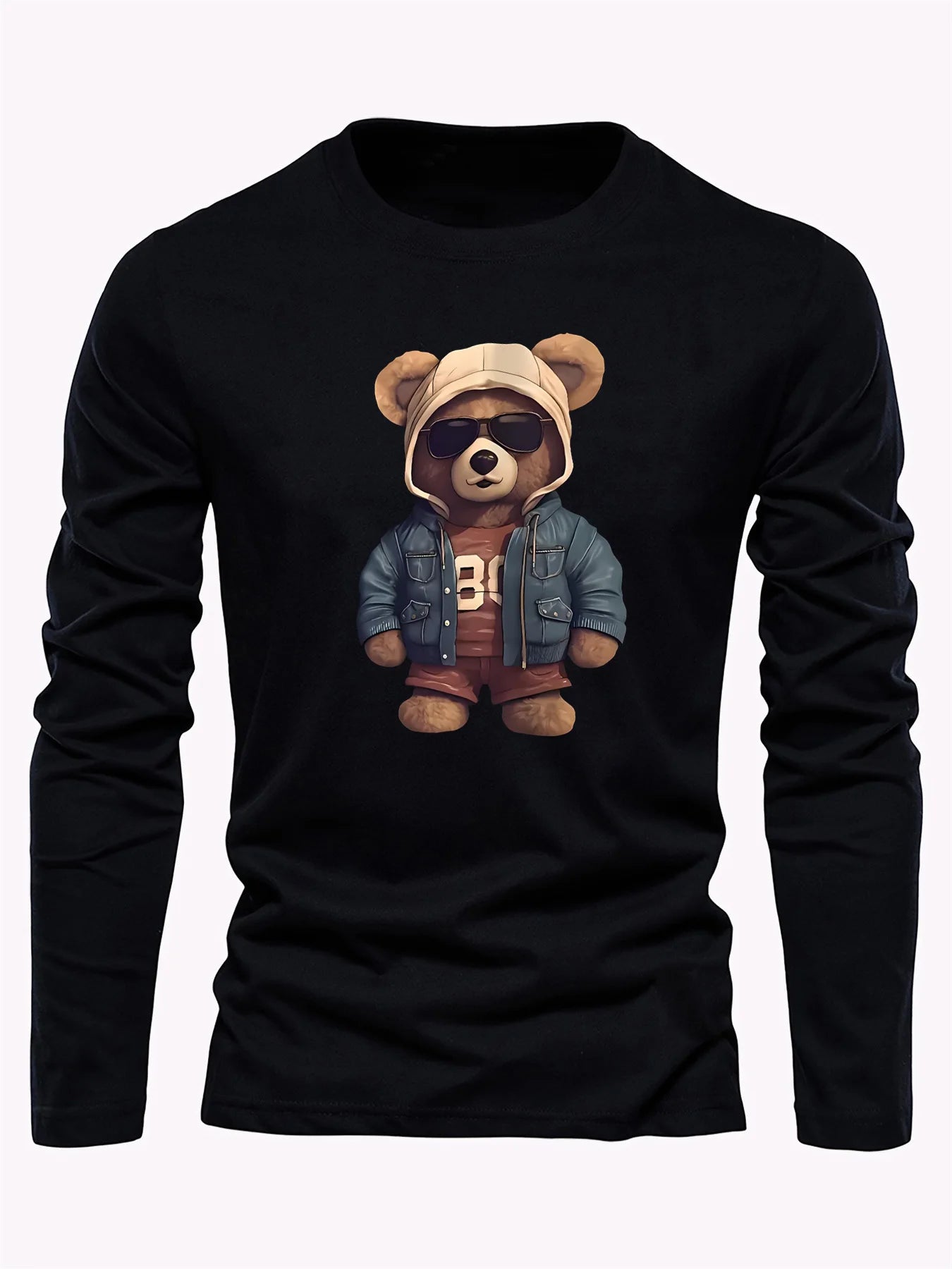 100 cotton men's casual long sleeved round neck loose bear pattern printed autumn and winter T-shirt top versatile