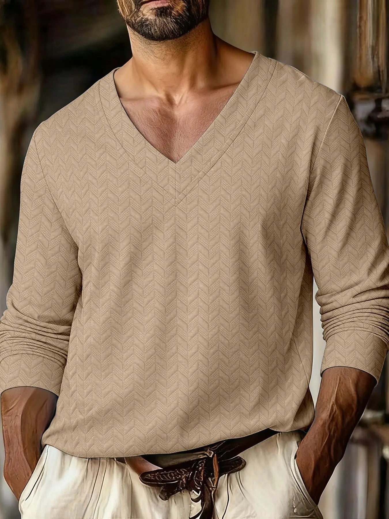 Autumn New Men's Plaid Pattern Jacquard Fabric V-neck Casual Sports Off-shoulder Sleeve Long-sleeved T-shirt