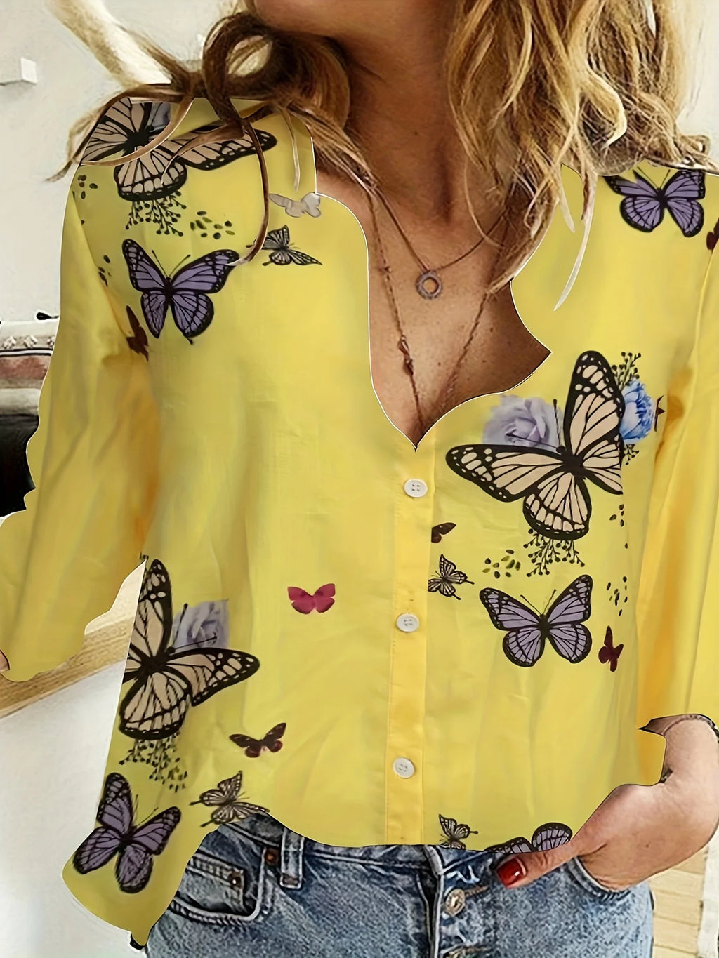 Simple Long-Sleeved Womens Shirts Fall Polo Collar Button Down Shirt Elegant Butterfly Dandelion Oversized Loose Blouse Clothing