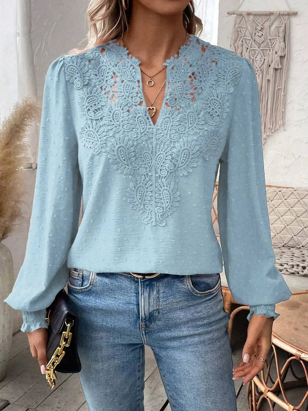 Autumn Women's Clothing New Sexy V-neck Fashion Lace Patchwork Solid Color Shirt Long Sleeved Casual Shirt Women's Clothing