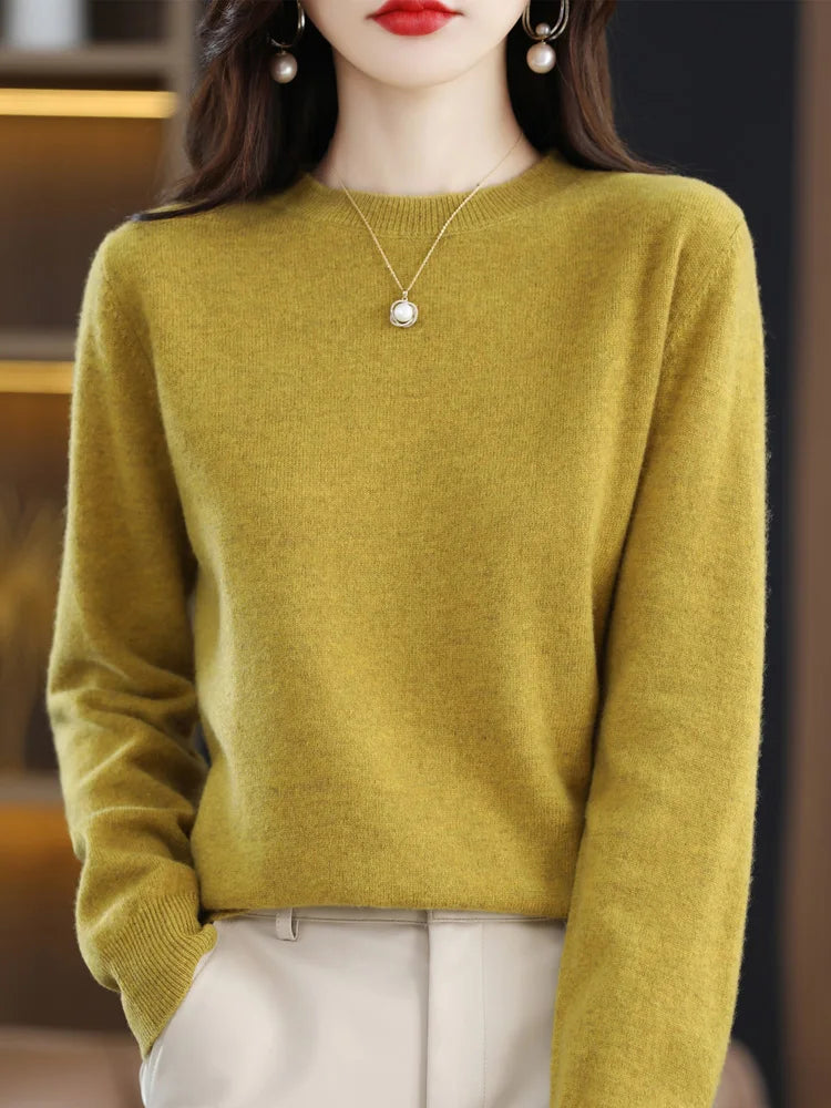 Fashion 100% Merino Wool Sweater Elegant Cashmere Pullover Women O-Neck Long Sleeve Knitwear Basic Clothing  Jumper Tops