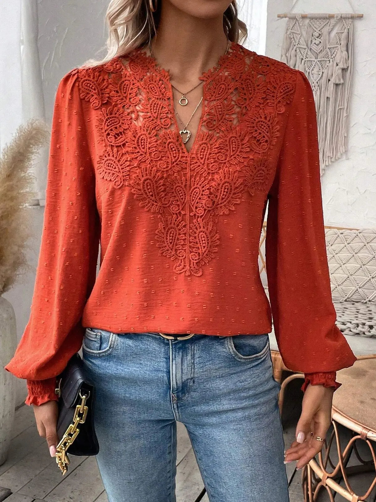Autumn Women's Clothing New Sexy V-neck Fashion Lace Patchwork Solid Color Shirt Long Sleeved Casual Shirt Women's Clothing