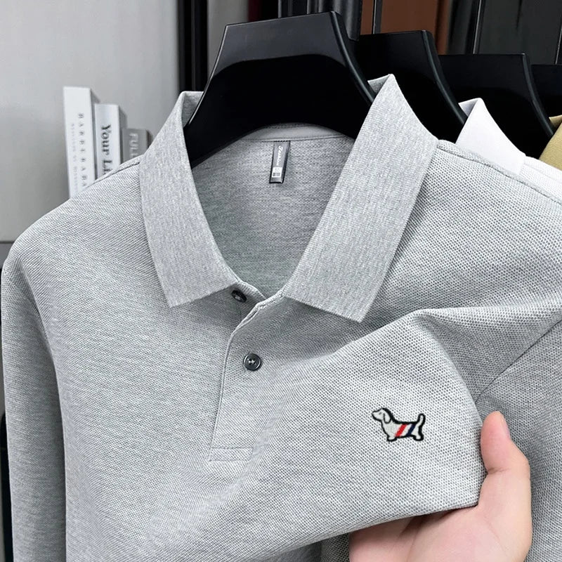 100%pure cotton autumn winter men's embroidered long sleeved business casual comfortable breathable polo shirt high-end designer