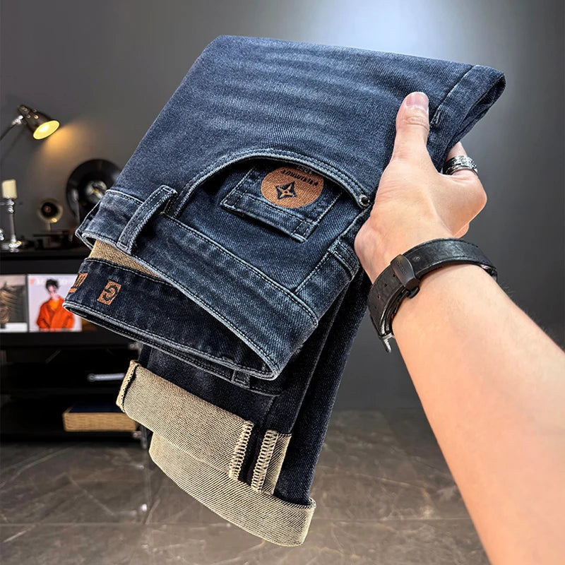 Jeans da uomo , pantaloni lunghi dritti in denim elasticizzato , autunno inverno , Jeans classico